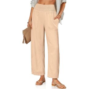 TARSE Women Linen Pants Wide Leg Elastic High Waisted Palazzo Trousers Casual Loose Beach Vacation Clothes with Pockets