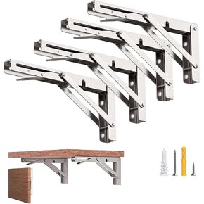 LuckIn 16-Inch Folding Shelf Brackets Heavy Duty, Collapsible Shelf Brackets for Table, Stainless Steel, Supports up to 300LBS, Wall-Mounted, Silver, 4 Pcs