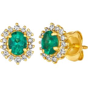 LE VIAN 1/5 Carat Diamond and 1/2 Carat Green Emerald Oval Halo Stud Earrings for Women in 14k Yellow Gold (White, cttw) 4-Prong Settings Push Back