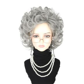 Old Lady Wigs and Accessories 5 Piece Set Short Curly Beige Gray Granny Wig for Cosplay 100 Years Old Man Costume Wig Halloween Party Wig