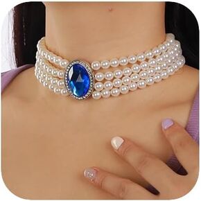fxmimior Boho Women Multilayer 1920s Necklace Blue Chunky Dainty Pearls Layered Choker Necklaces Handmade Beads Fashion Chunky Pendant Multilayer Adjustable Layering Chain Necklaces Set for Women (Blue)