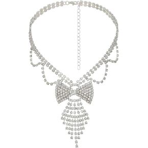 ELABEST Rhinestone Bowknot Necklace Bow Tie Tassel Choker Layered Tennis Chain for Women