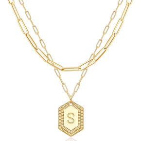 MEVECCO Dainty Gold Initial Necklace for Women 18K Gold Plated Layered Paperclip Link Chain Necklace Personalized Cute Hexagon Letters for Women Everyday Wear Jewelry