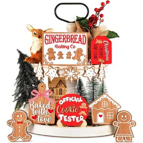 Bemaystar 19 Pcs Gingerbread-Christmas-Decor:Gingerbread Tiered Tray Kitchen Decor Wooden Signs for Party