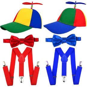 6 Pcs Halloween Costume Accessories Include 2 Pcs rainbow propeller hats 2 Pcs Y Back Style Suspenders and 2 Pcs adjustable bowtie for Halloween Daily Party