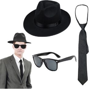 مجموعة أزياء فيدورا العصابات المكونة من 3 قطع من إكسسوارات ملابس العصابات في العشرينيات من القرن العشرين بما في ذلك قبعة العصابات السوداء والنظارات الشمسية وربطة عنق سوداء للرجال والنساء وحفلات الهالوين in Kuwait