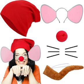 5 Pcs Halloween Mice Costume Accessories Knit Hat Mouse Ears Headband Tail Beard Red Foam Nose for Cosplay