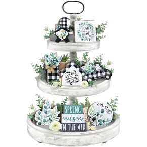 Spring Tiered Tray Decor, Farmhouse Eucalyptus Leaves Tray Decorations, Spring Gnome Wreath Buffalo Plaid Mason Jar Truck Wooden Signs, Rustic Spring Decor for Home Table Shelf Mantel Party