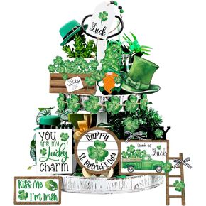 Mifoci 16 Pcs St. Patrick's Day Tiered Tray Decor St Patricks Day Decoration Lucky Clover Gnome Wood Sign Green Shamrock Table Centerpiece Irish Happy Saint Patrick’s Block Trefoil Tabletop Signs