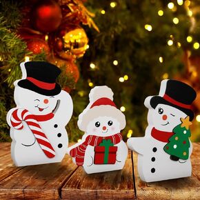 Snowman Christmas Decorations for Indoor Use - Cute Wooden Snowman Blocks Set of 3, Winter Tiered Tray Decor for Xmas Table, Home, Office Shelf, and Door (Canes Giftbox Christmastree)