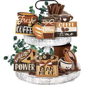 Coffee Themed Tiered Tray Decor, Fresh Coffee Tray Decorations Set, Coffee Time Wooden Signs Gift for Coffee Lover, Farmhouse Rustic Wood Home Decor for Coffee Bar Table Shelf Party 6PCs