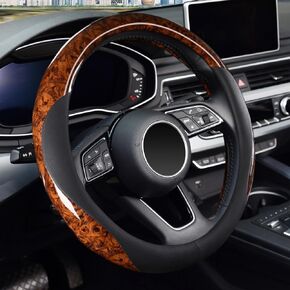 KAFEEK Wood Grain Steering Wheel Cover Microfiber Leather Universal 14 1/2-15 inch, Car Steering Wheel Cover Men Women, Comfortable, Anti-Slip, Odorless, Black