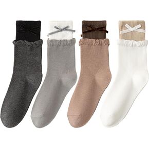 Yomutiur Crew Socks for Women, Double Ribbed Sock Cuff with Cute Bow Sweet Cotton Rolled Socks Odor-resistant