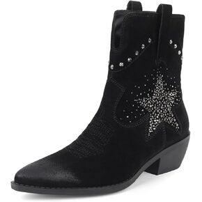 Women’s Rhinestone Embellished Thick Heel Chelsea Boots Stylish Denim Ankle Booties with Pointed Toe and Retro Western Flair