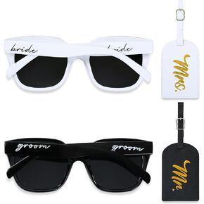 4pcs Bride and Groom Sunglasses Set - Bridal Shower Wedding Gifts, Bride and Groom Gifts, Wedding Honeymoon Sunglasses, Mr and Mrs Luggage Tags, Honeymoon Travel Bachelorette Gifts for Bride