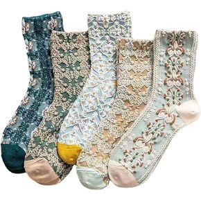 SOLY HUX Women's 5 Packs Crew Socks Cute Floral Embroidered Socks Vintage Retro Casual Socks