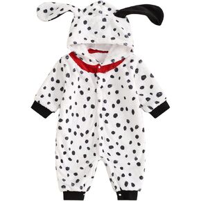Lamuusaa Newborn Baby Girl Boy Halloween Costumes Long Sleeve Dalmatian Romper Hooded Bodysuit Jumpsuit Winter Clothes