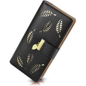 PGXT Women's Wallet Women Credit Card Holder Hollow Leaf Pattern Bifold Leather Lady Long Wallet Purse Zip Birthday Xmas Gifts for Women Girls(Brown)
