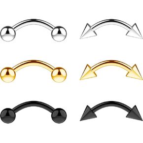 Curved Barbell Piercing Jewelry - 16g Surgical Steel, Gold, Black - 6mm, 8mm, 10mm, 12mm Lengths With Balls Spikes - Hypoallergenic Eyebrow, Rook, Daith, Vertical Labret, Snake Eyes Piercing Jewelry