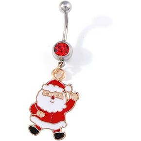 14g Santa Claus Surgical Steel Red CZ Belly Button Ring Navel Rings for Women Cute Dangle Screw Studs Barbell Piercings Sexy Jewelry Christmas Party Gift Her Daughter