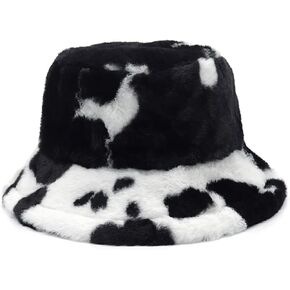Campsis Fluffy Plush Bucket Hat Black Cow Fur Wool Winter Bucket Hats Warm Thick Bucket Cap Skiing Cycling Camping Hiking for Women and Girls
