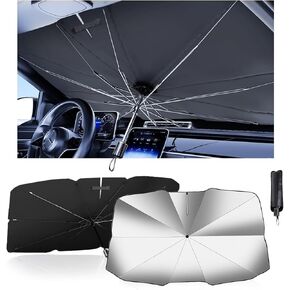 [2024 Upgrade] JANVUR Windshield Car Sun Shade Umbrella, [Newest Vinyl Coating] Umbrella Window Shades Protect Car Interior Keep Cool from Sun Rays&Heat Damage(Sedan and SUVs(57.1" Lx31.5W))