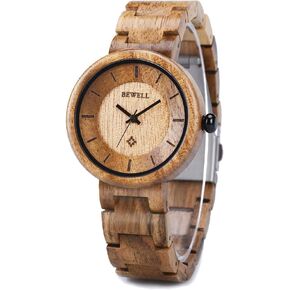 BEWELL Wood Watches for Women, Handmade Lightweight Adjustable Wood Band Quartz Wristwatch