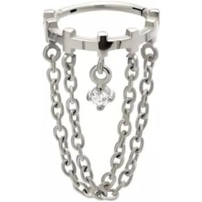 Pierced Owl 16GA 316L Stainless Steel Cross Lined with Double Dangling Chains and Gem Hinged Segment Clicker Ring