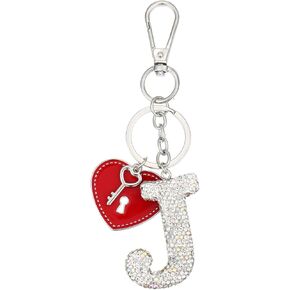 Initial Letter Keychain, Sparkly Rhinestones Backpack Car Keychain with Cute Heart Shape Pendant