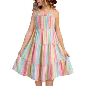 Girls Sundress Summer Boho Sleeveless Strap Smocked Tiered Dresses 6-15 Years
