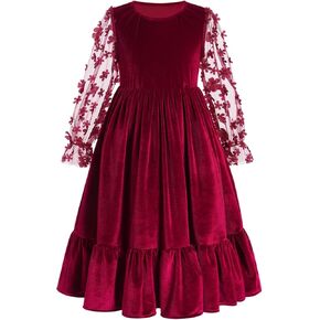 IBTOM CASTLE Velvet Dress for Girls 3D Flower Christmas Dress Mesh Sleeve Princess Party Dress Birthday Outfits Fall