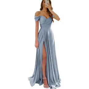 Womem's Off The Shoulder Bridesmaid Dresses with Slit Satin Formal Gowns Long Prom Evening Party Dress with Pockets