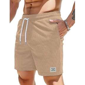 Gihuo Men's Corduroy Shorts Casual Elastic Waist Drawstring Lightweight Summer Loose Fit Beach Shorts with Pockets