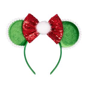 JIAHANG Green Velvet Mouse Ears Headband with White Pom Pom, Red Hair Bow Headband, Party Decoration Costume Headwear Hair Accessories for Women Girls