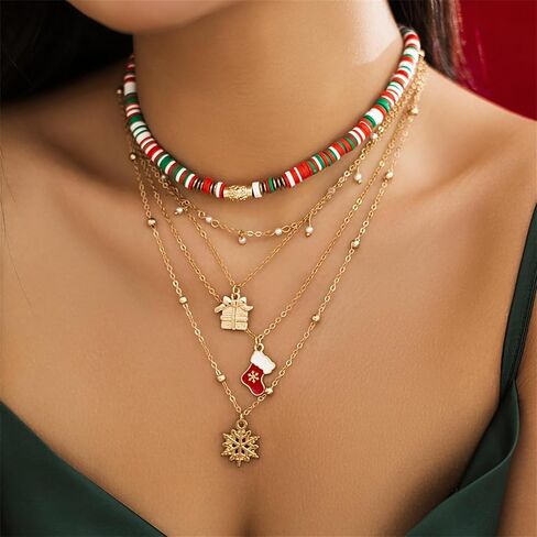 YBMYCM Christmas Necklaces Cute Santa Claus Jingle Bell Snow Christmas Tree Multi Layer Choker Necklace for Christmas Party Holiday Gift in Saudi Arabia