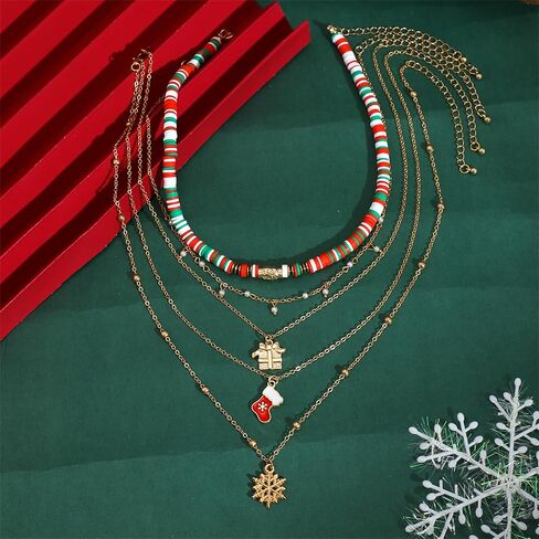 YBMYCM Christmas Necklaces Cute Santa Claus Jingle Bell Snow Christmas Tree Multi Layer Choker Necklace for Christmas Party Holiday Gift in Saudi Arabia