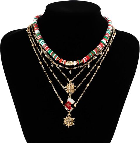 YBMYCM Christmas Necklaces Cute Santa Claus Jingle Bell Snow Christmas Tree Multi Layer Choker Necklace for Christmas Party Holiday Gift in Saudi Arabia