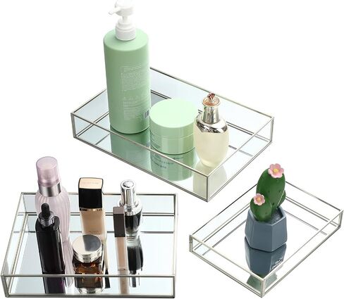 Jetec 3 Pieces Mirror Tray Metal Vanity Mirror Tray Rectangle Octagon Perfume Tray Mirror Makeup Tray Cosmetic Dresser Tray for Dresser Bedroom Bathroom Hotel, 3 Sizes(Silver) in Saudi Arabia
