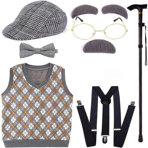 Old Man Hat and Glasses Old Grandpa Costume Accessories 100th Day of School Starter Kit Includes Hat, Glasses, Suspenders, Folding Cane (orange, Small(5-7yr)) in Saudi Arabia