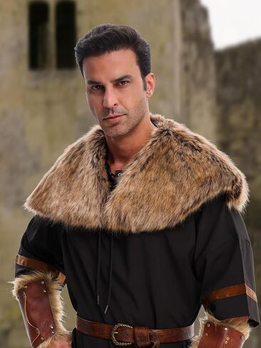 Men's Viking Faux Fur Curved Collar Mantle Shawl Warp Medieval Renaissance Style Cosplay Halloween Warrior Costume Accessory in Saudi Arabia