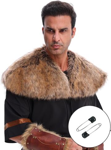 Men's Viking Faux Fur Curved Collar Mantle Shawl Warp Medieval Renaissance Style Cosplay Halloween Warrior Costume Accessory in Saudi Arabia
