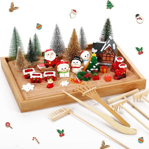 HyDren Zen Kit Garden for Desktop Christmas Desk Decor Sand Tray Therapy Kit with Bamboo Tray Tools Christmas Cottage Night Lights Santa Claus Pine Tree Decor Gifts Decor Gifts for Man Women in Saudi Arabia