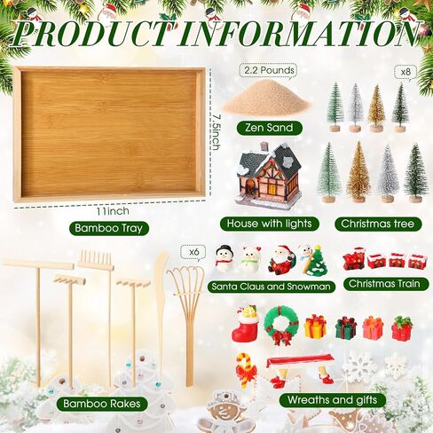 HyDren Zen Kit Garden for Desktop Christmas Desk Decor Sand Tray Therapy Kit with Bamboo Tray Tools Christmas Cottage Night Lights Santa Claus Pine Tree Decor Gifts Decor Gifts for Man Women in Saudi Arabia