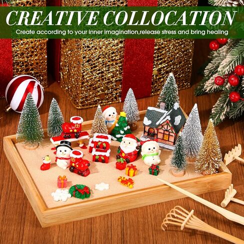 HyDren Zen Kit Garden for Desktop Christmas Desk Decor Sand Tray Therapy Kit with Bamboo Tray Tools Christmas Cottage Night Lights Santa Claus Pine Tree Decor Gifts Decor Gifts for Man Women in Saudi Arabia