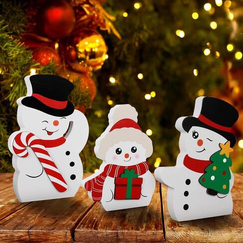 Snowman Christmas Decorations for Indoor Use - Cute Wooden Snowman Blocks Set of 3, Winter Tiered Tray Decor for Xmas Table, Home, Office Shelf, and Door (Canes Giftbox Christmastree) in Saudi Arabia