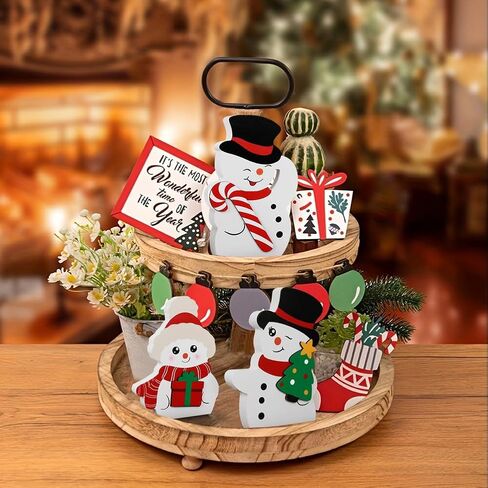 Snowman Christmas Decorations for Indoor Use - Cute Wooden Snowman Blocks Set of 3, Winter Tiered Tray Decor for Xmas Table, Home, Office Shelf, and Door (Canes Giftbox Christmastree) in Saudi Arabia
