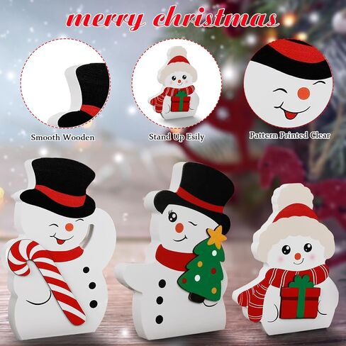 Snowman Christmas Decorations for Indoor Use - Cute Wooden Snowman Blocks Set of 3, Winter Tiered Tray Decor for Xmas Table, Home, Office Shelf, and Door (Canes Giftbox Christmastree) in Saudi Arabia