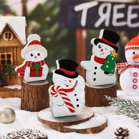 Snowman Christmas Decorations for Indoor Use - Cute Wooden Snowman Blocks Set of 3, Winter Tiered Tray Decor for Xmas Table, Home, Office Shelf, and Door (Canes Giftbox Christmastree) in Saudi Arabia