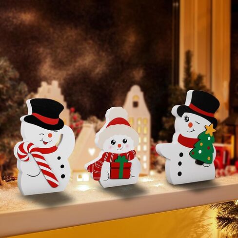 Snowman Christmas Decorations for Indoor Use - Cute Wooden Snowman Blocks Set of 3, Winter Tiered Tray Decor for Xmas Table, Home, Office Shelf, and Door (Canes Giftbox Christmastree) in Saudi Arabia