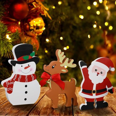 Snowman Christmas Decorations for Indoor Use - Cute Wooden Snowman Blocks Set of 3, Winter Tiered Tray Decor for Xmas Table, Home, Office Shelf, and Door (Canes Giftbox Christmastree) in Saudi Arabia